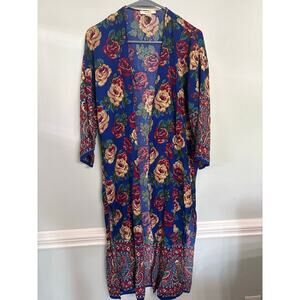 Forever 21 Floral Kimono Duster Size M Blue Boho Open Front Cardigan